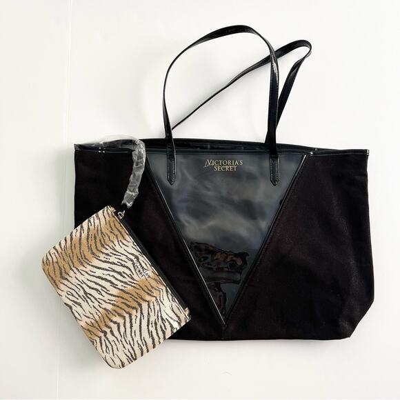 Victoria’s Secret Tote Bag with Wristlet 2018 Black Shimmer and Tiger Print - Picture 1 of 12